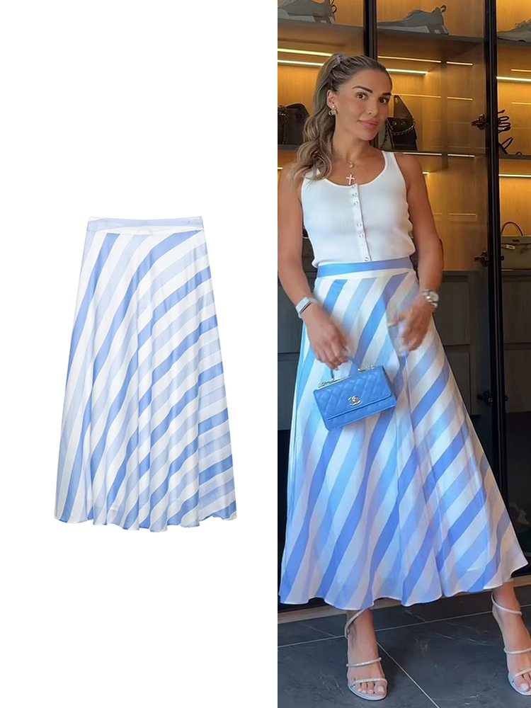 Summer Clothing Trends For Women 2026 - Saia Feminina Vintage Azul Listrada TFMLN