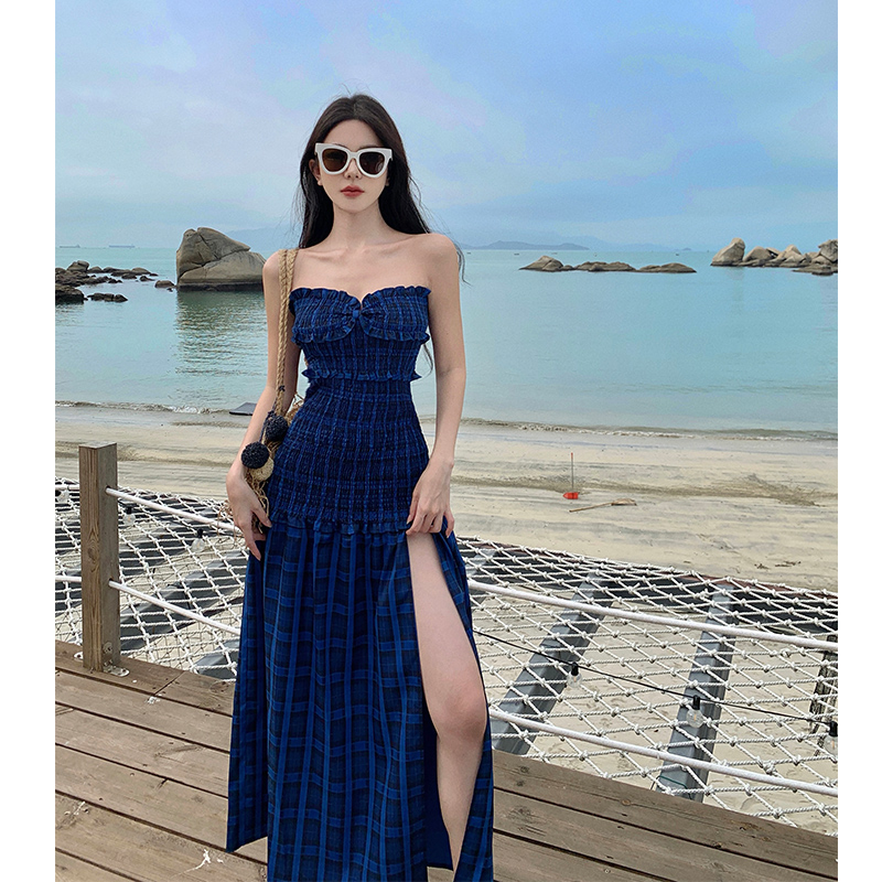 Summer Clothing On Sale - Vestido Longo Azul Xadrez Sexy com