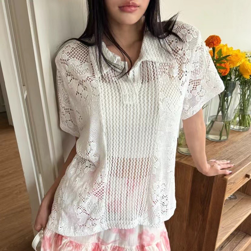 Camisa de Renda com Gola Retro - Summer Clothing Online Shopping avaliação e preço